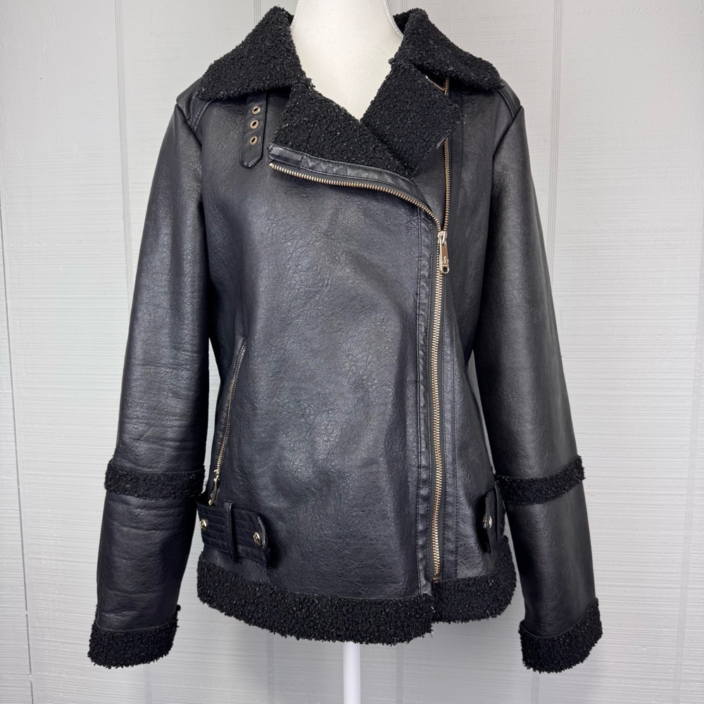 Sam Edelman Black Faux Leather Shearling Lined Asymmetrical Moto Jacket Gold Zip
